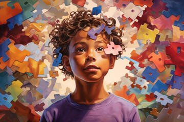 Colorful puzzle pieces flying around the head of a young boy, depicting the concept of neurodiversity, ADHD, or Autism