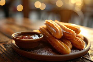 A plate of delicious churros with a dipping sauce Generative AI - obrazy, fototapety, plakaty