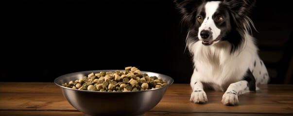 Obraz premium Dog food in bowl. Puppy pet on side. copy space for text