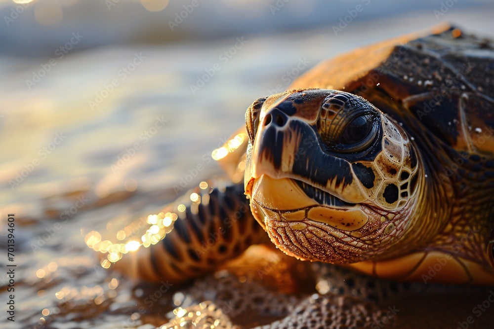 Poster a close-up of a turtle's face on a beach generative ai
