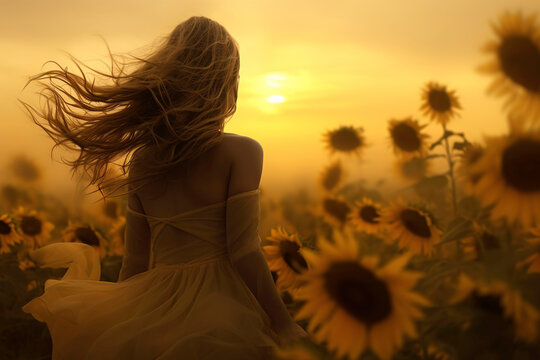 unflower girl at sunrise, in the style of romantic landscapes