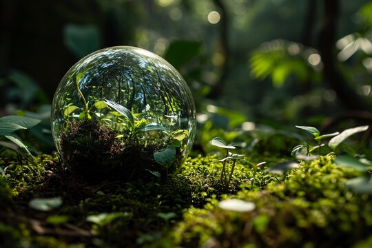 A glass globe with a plant inside, surrounded by moss and ferns. Generative AI