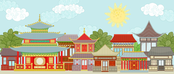 Chinese town with ancient oriental buildings. panorama sunny chi