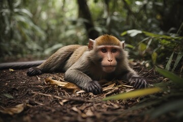 Small monkey in forest jungle lying on the ground