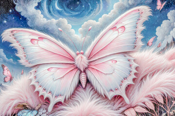 Peaceful landscape in fantasy environment, soft white and pink color flowers and butterfly, Animals concept, generative ai