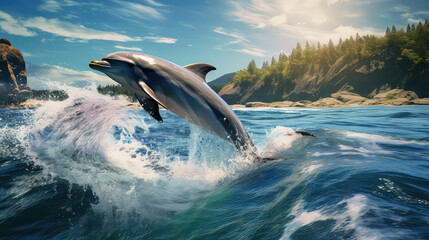 Spinner dolphin swimming and jumping  out of water see nature view 