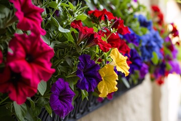 Colorful Flower Pots with Purple, Red, Yellow, and Orange Flowers Generative AI