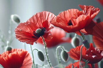 Blooming Red Poppies in a Garden Generative AI