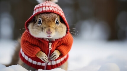 Portrait of funny squirrel with hat on white snow, cold weather concept - obrazy, fototapety, plakaty