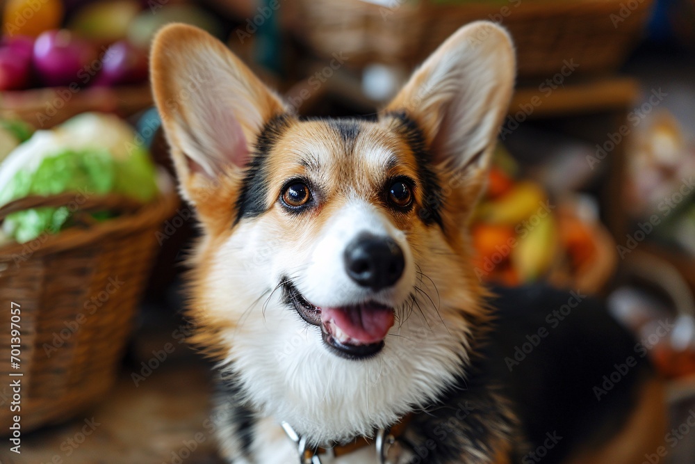 Poster a happy dog with a collar and chain on, smiling at the camera generative ai