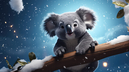 A photo koala bear on branch light night background