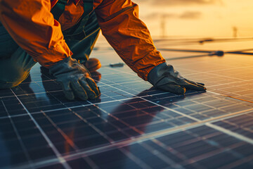 A person, technician, worker, touching a solar panel. Renewables. Solar panels - obrazy, fototapety, plakaty