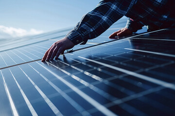 A person, technician, worker, touching a solar panel. Renewables. Solar panels