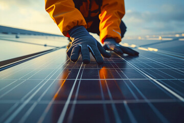 Fototapeta premium A person, technician, worker, touching a solar panel. Renewables. Solar panels