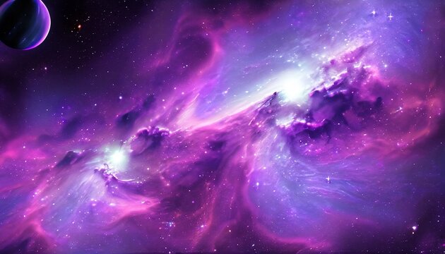 outer space with stars planets and nebula in purple color