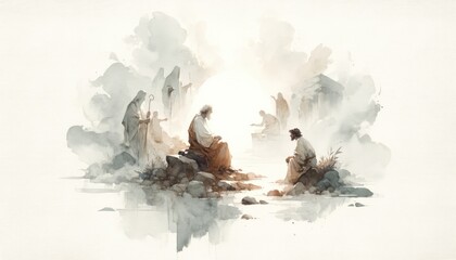 Trial of Abraham. Old Testament. Watercolor Biblical Illustration - obrazy, fototapety, plakaty