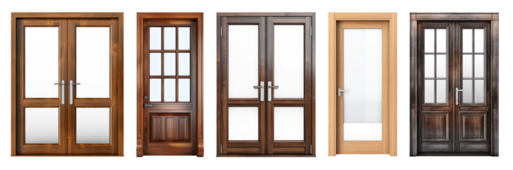 A set of different doors for apartments with transparent windows is cut out on a transparent background. Wooden doors in modern and classic style. Element to be inserted into a design or project