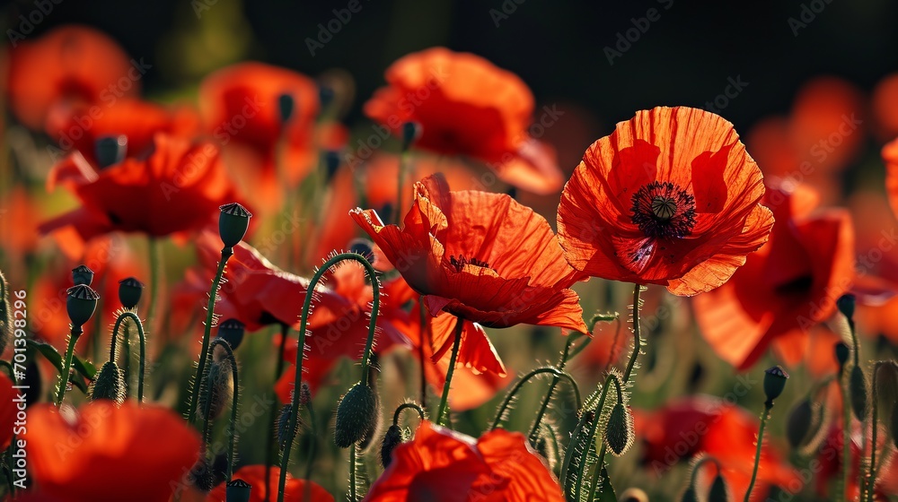 Poster blooming red poppies in a field generative ai