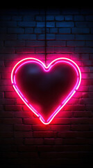 Neon Valentine's Day frame with hearts, against a brick wall, dark background, with space for text
