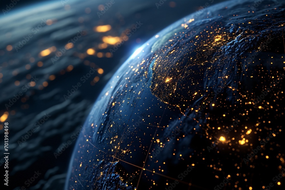 Poster a glowing planet with lights in the darkness generative ai