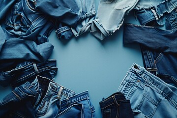 A collection of blue jeans on a blue table Generative AI - obrazy, fototapety, plakaty