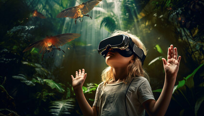 Naklejka na ściany i meble Female child, girl discovering virtual worlds, magical forest. Children and gaming. Children and technology. Impressive technology made easy. Discover digital worlds. Fantasy worlds.