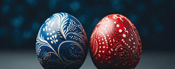 Two red blue easter eggs on dark backround. Easter art egg concept.