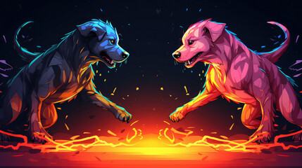 Two Fox Fight face to face on neon fire on black - obrazy, fototapety, plakaty
