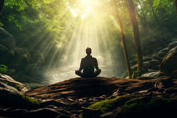 Healthy lifestyle, states of mind, hobbies and leisure concept. Man meditating or making yoga in dense enchanted forest or jungle and illuminated with sunlight - obrazy, fototapety, plakaty