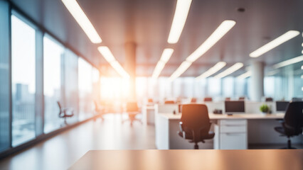 Abstract blurred interior modern office space with business and empty space, people working, panoramic windows, and beautiful lighting background blur in business concept.