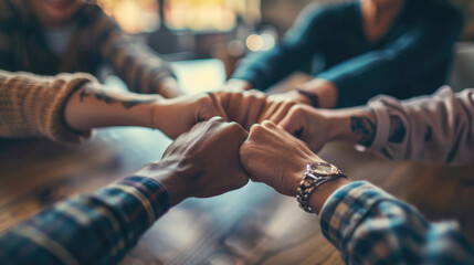 A team of professionals in a meeting showing unity by joining fists together in a circle, symbolizing collaboration and mutual support in a business or work environment. - obrazy, fototapety, plakaty