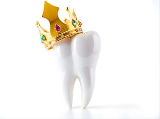Healthy tooth with golden crown. Isolated on white - obrazy, fototapety, plakaty