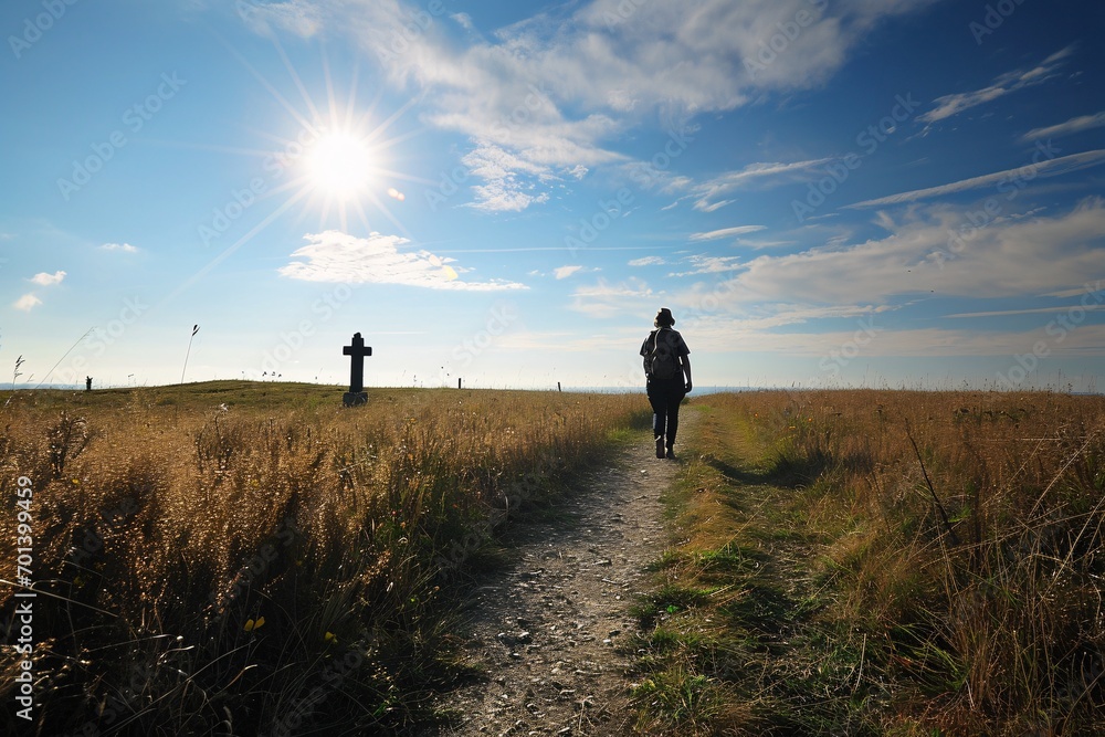 Aufkleber a person walking on a dirt path in a field with a cross in the background generative ai