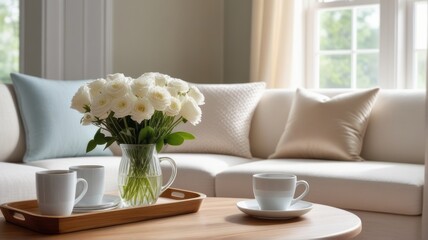 Fototapeta na wymiar White bouquet on the wooden coffee table with sofa in a cozy room white mug coffee, featuring a glass vase filled with sweet white tone, wooden tray, soft natural light streaming through a window