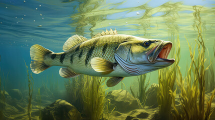 A Photo of green sea fish on nature water. Cute Hungry Fish in a water
