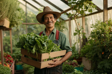 Smiling Latino Farmer with a Crate of Harvested Organic Greens in a Greenhouse