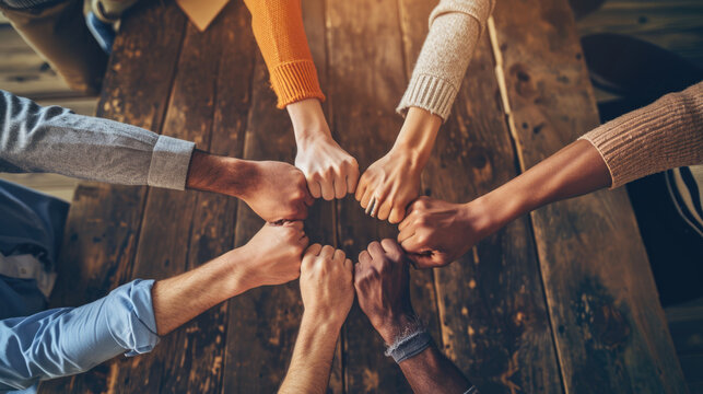A team of professionals in a meeting showing unity by joining fists together in a circle, symbolizing collaboration and mutual support in a business or work environment.