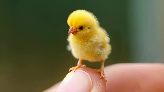 tiny small chicken sitting on a finger tip
