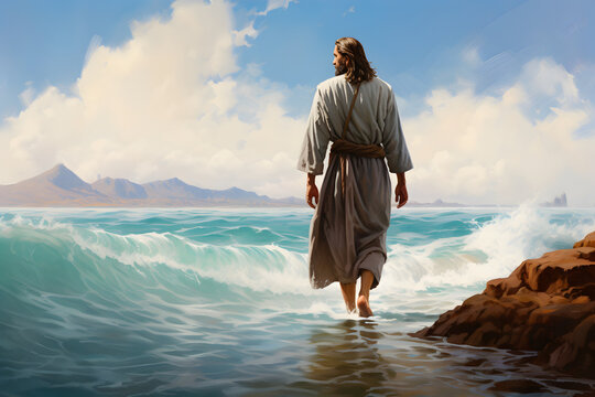 Back view of Jesus Christ walking on water at sea.