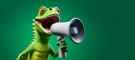 Chameleon announcing using megaphone. Notifying, warning, announcement.