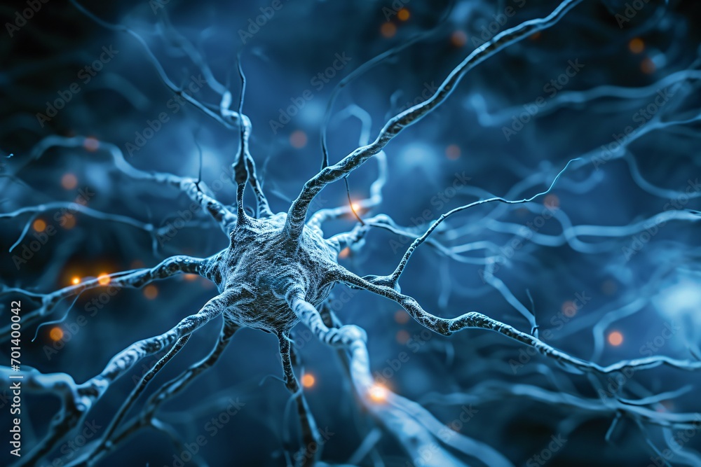 Poster a close-up of a nerve cell with a blue background generative ai