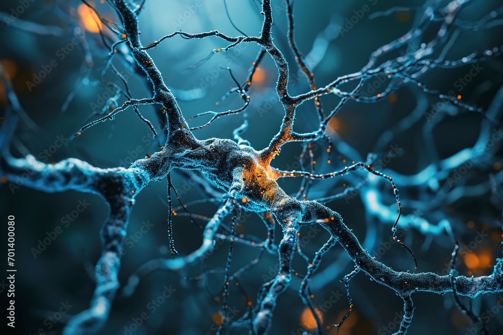 Poster A close-up of a nerve cell with a blue background Generative AI