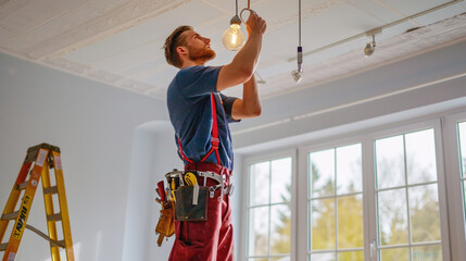 A cheerful electrician is attentively installing or repairing a light bulb in a residential setting - obrazy, fototapety, plakaty