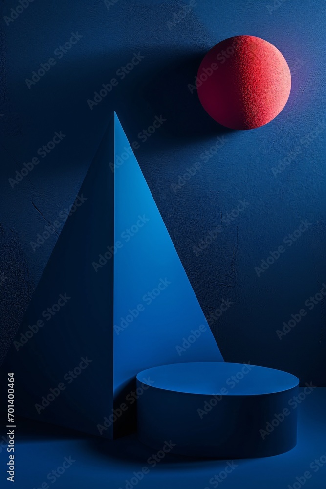 Poster a blue triangle with a red ball in the background generative ai