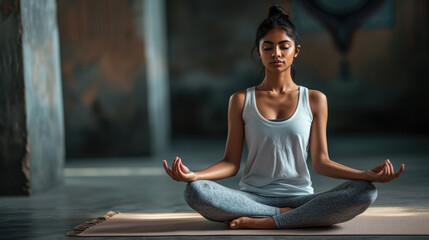 Woman sitting in the lotus position on a yoga mat, meditating with her eyes closed