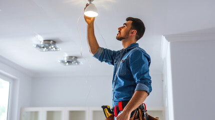 A cheerful electrician is attentively installing or repairing a light bulb in a residential setting