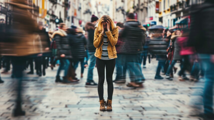 Distressed woman standing on a busy street, covering her face with her hands, with the world around her blurred in motion - obrazy, fototapety, plakaty