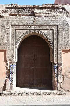Vintage Moroccan Arch and Tile in Ruined Building in Marrakech Medina, Portrait