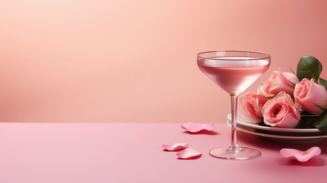 Glass with cocktail on a festive background with flowers and roses. Romantic Valentine's Day celebration