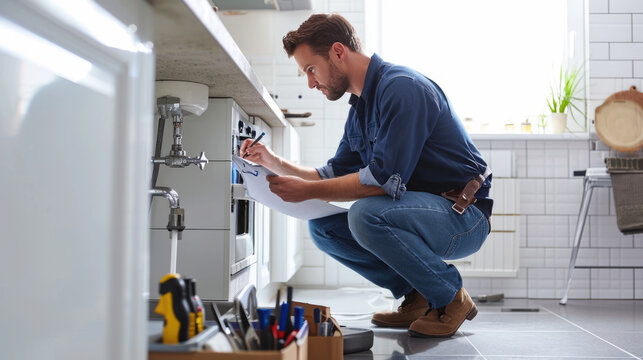 Plumber or maintenance worker crouched down, inspecting or repairing a kitchen sink